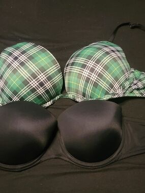 Victoria's Secret, Pink. Green Plaid and Black Strapless Convertible Bra Set